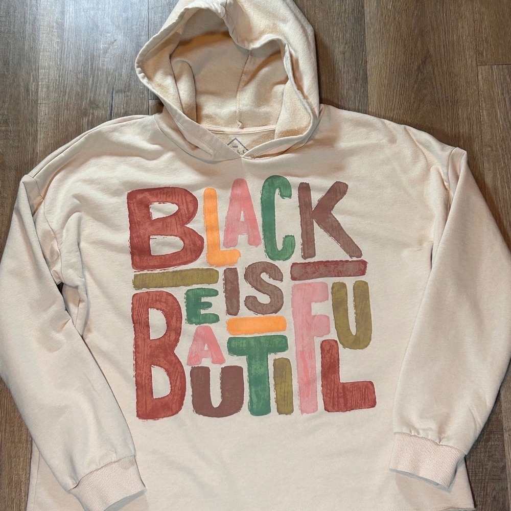 Well Worn Black Is Beautiful Graphic Hoodie Cream XL Plus Raw Hem Sweatshirt